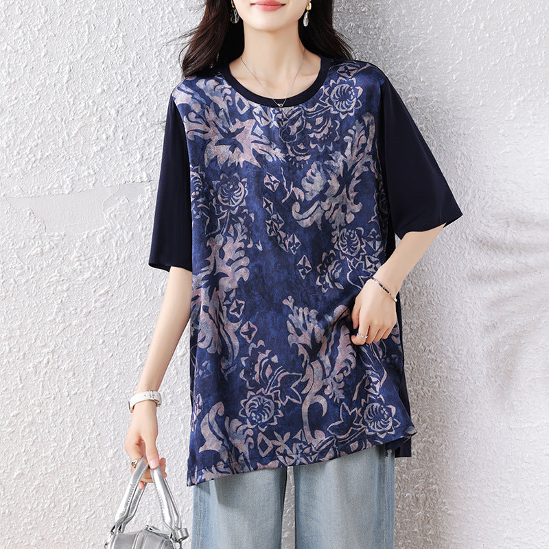 Plus Size Women's Elegant Printed Spliced T-Shirt Loose Short Sleeve Top