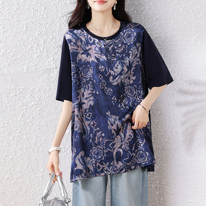 Plus Size Women's Elegant Printed Spliced T-Shirt Loose Short Sleeve Top