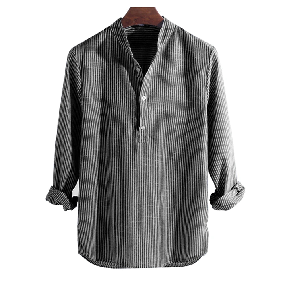 Helisopus New Fashion Spring Summer Casual Men's Shirt Cotton Long Sleeve Striped Slim Fit Stand Collar Shirts S-5XL